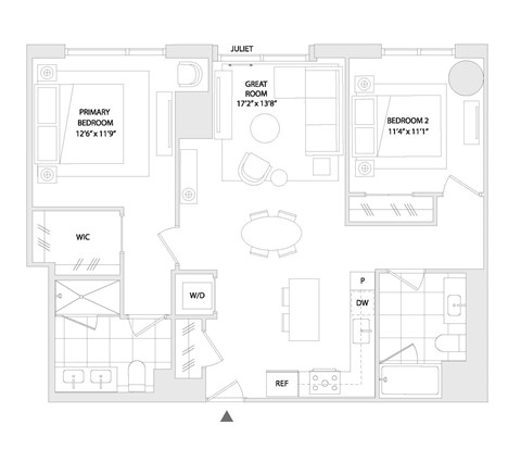 Floor plan for 2 beds, 2 baths, 1063 sqft